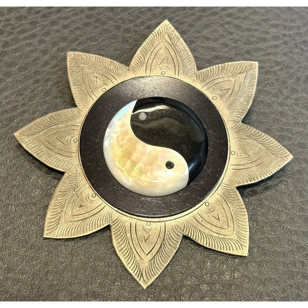 HUGE Yin Yang Symbol Black White MOP Etched Lotus Flower Ethnic Boho Pin Brooch